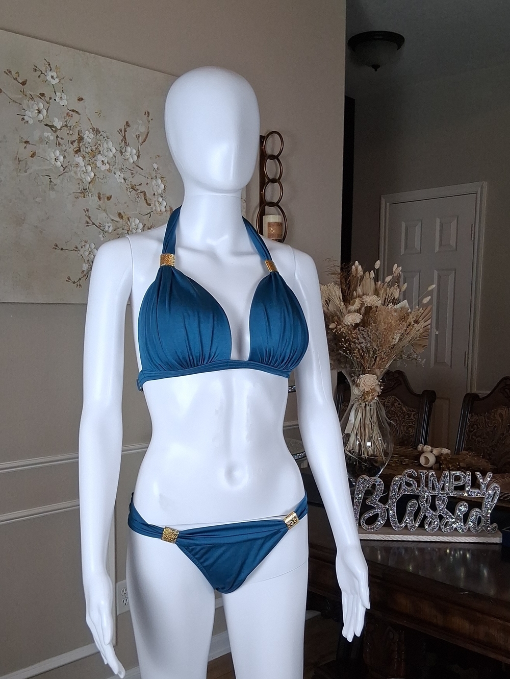 Venus Teal Blue And Gold Goddess Enhancer PushUp Bikini Set Top DD- Bottom Small - Picture 7 of 16
